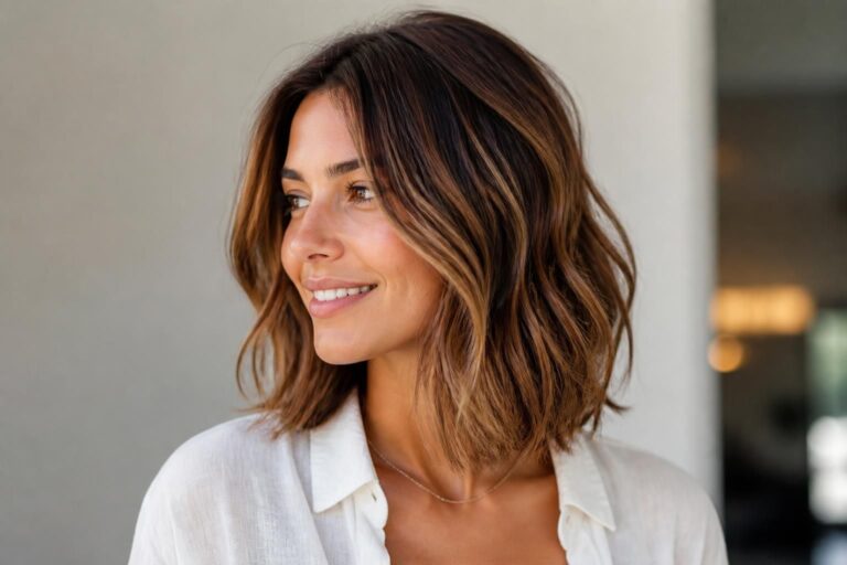 Femme souriante avec cheveux mi-courts ondulés et chemise blanche
