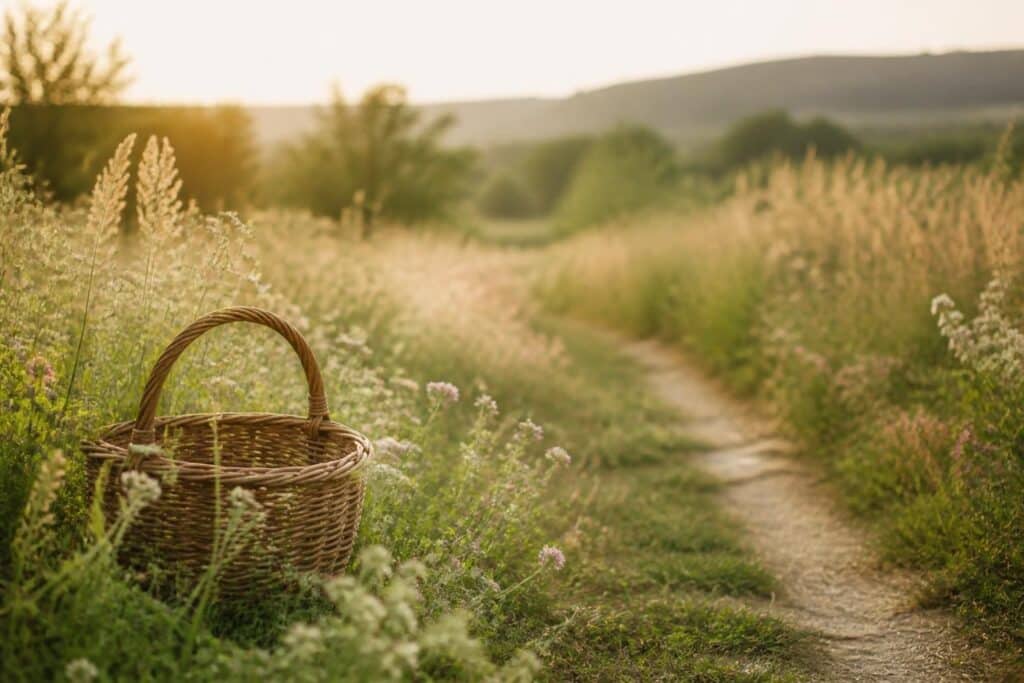 Panier en osier au bord d’un chemin de campagne fleuri éclairé par le soleil couchant