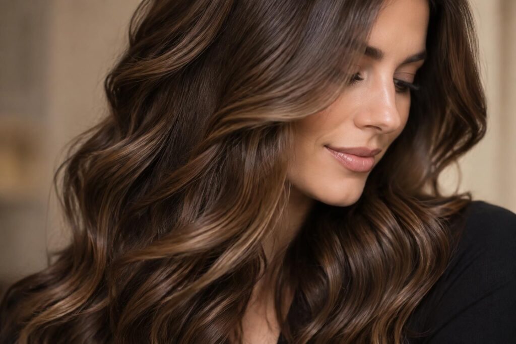 le balayage chocolat apporte des reflets chauds et lumineux aux cheveux bruns, pour raviver la couleur tout en préservant une base foncée.