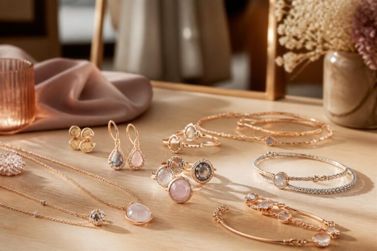 Assortiment de colliers et bracelets fantaisie posés sur une surface