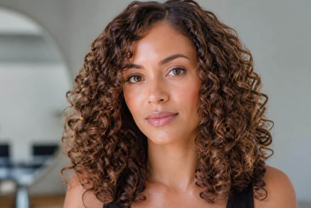 Portrait de femme aux cheveux bruns mi-longs et bouclés, avec des reflets caramel.