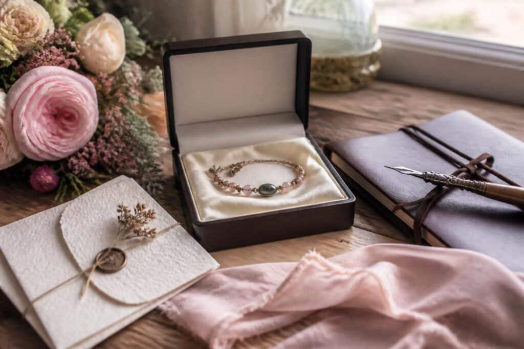 Bracelet dans un écrin ouvert près d’une carte, d’un carnet et de fleurs