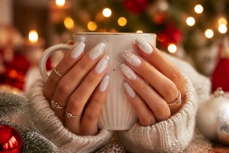 Deux mains aux ongles longs blancs pailletés tiennent une tasse blanche, pull crème et décor de Noël flou.