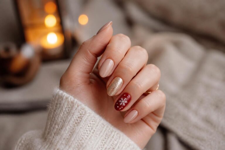 Main gauche aux ongles nude, or pailleté et rouge bordeaux avec flocon blanc, sortant d'un pull crème.