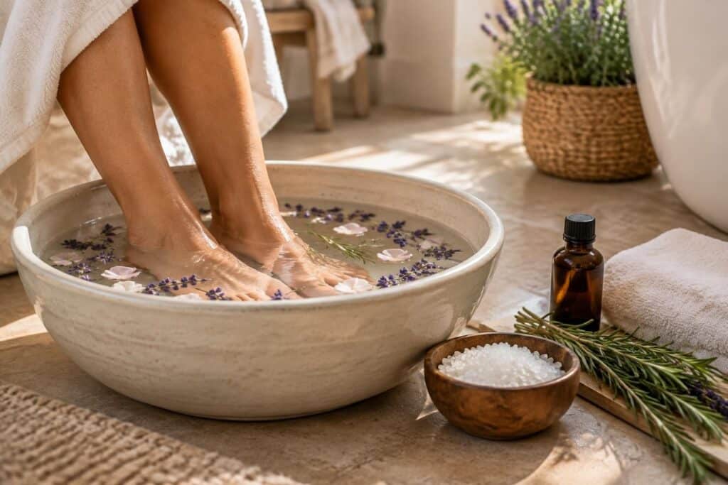 découvrez quoi ajouter à l’eau de votre bain de pieds pour apaiser, adoucir et prendre soin de vos pieds, avec des ingrédients simples.