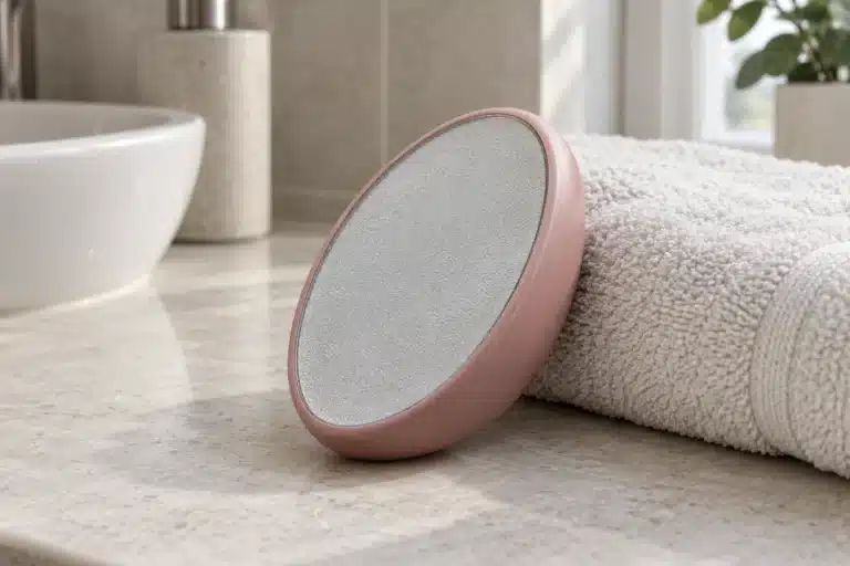 Gomme dépilatoire ovale à coque rose et surface grise texturée, appuyée contre une serviette blanche sur un plan de salle de bain.